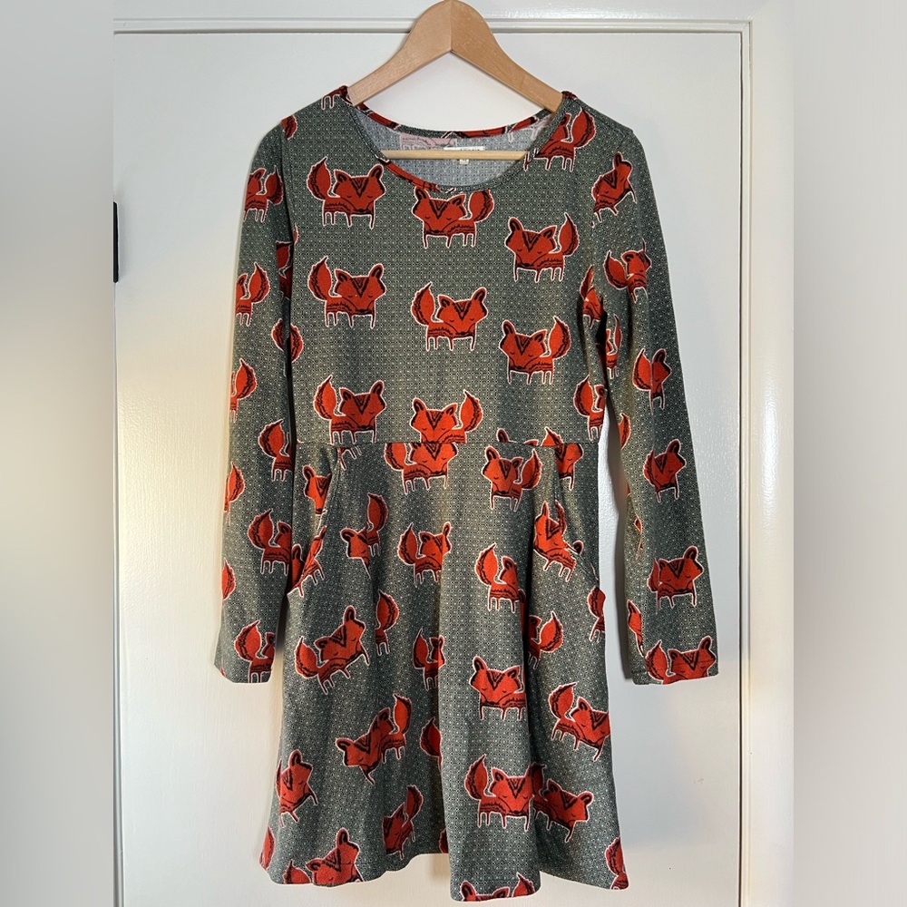 LA Soul Fox Print Knit Dress Long Sleeve Scoop Neck Cozy Comfy Hygge Fun Teacher
